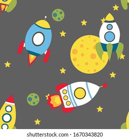 Childish seamless pattern with spaceship and stars