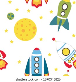 Childish seamless pattern with spaceship and stars