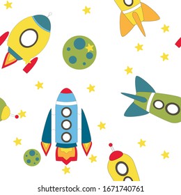 Childish seamless pattern with spaceship and stars