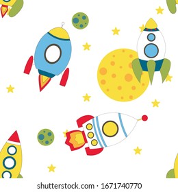 Childish seamless pattern with spaceship and stars