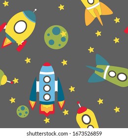 Patrón infantil sin fisuras con nave espacial y estrellas