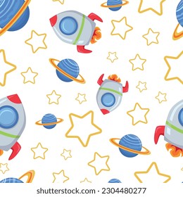 Childish seamless pattern with spaceship and stars. Hand-drawn spatial elements seamless background. Cosmic background. Space doodle illustration. Vector illustration. Seamless background with cartoon