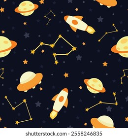 Childish seamless pattern with spaceship and stars Constellation