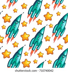 Childish seamless pattern with spaceship and stars. Vector illustration