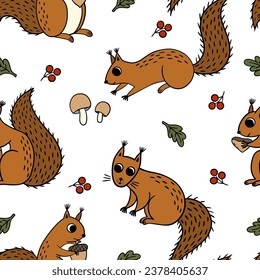 Childish seamless pattern with squirrels, oak leaves, mushrooms, and  berries. 