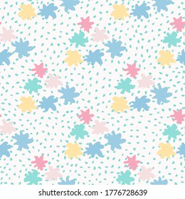Childish seamless pattern with star shapes. White background with dots and blue, yellow, pink elements. Designed for wallpaper, textile, wrapping paper, fabric print. Vector illustration.
