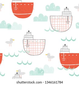 Childish seamless pattern with steamship and seagull. Nautical kids print. Vector hand drawn illustration.