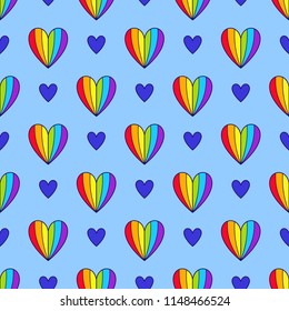 Childish Seamless Pattern of Striped Rainbow Heart on Light Blue Backdrop. Continuous Symmetric Background for Baby Cloth, Fabric, Textile, Tissue, Pack Paper, Wrapping Paper.