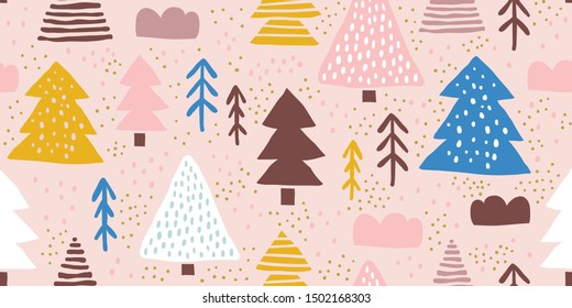 Childish seamless pattern with stylized christmas forest of pine trees. Trendy scandinavian holiday vector background. Perfect for kids apparel, fabric, textile, nursery decoration. Kids pattern