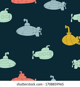 Childish seamless pattern with submarines. Creative kids texture for fabric, wrapping, textile, wallpaper, apparel. Vector hand drawn illustration. 