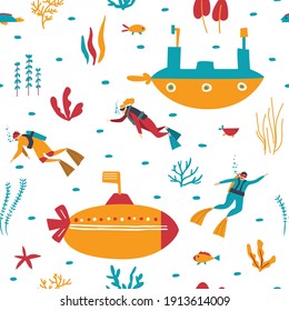 Childish seamless pattern with submarines and divers on a white background. Vector flat cartoon endless illustration