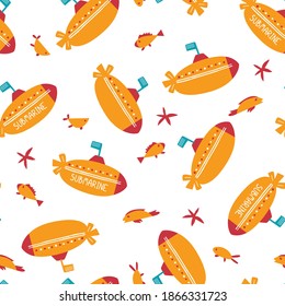 Childish seamless pattern with submarines on a white background. Vector flat cartoon endless illustration