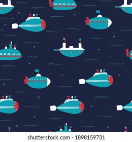 Childish seamless pattern with submarines on a dark background. Vector flat cartoon endless illustration