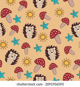 childish seamless pattern with sun hedgehog and mushrooms