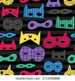 Childish seamless pattern with superhero masks on a black striped background. Creative kids texture for fabric, wrapping, textile, wallpaper, apparel. Vector illustration. 