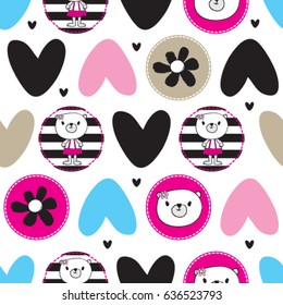 childish seamless pattern with teddy bear, wrapping paper, bedding pattern for kids, vector textile fabric print,
