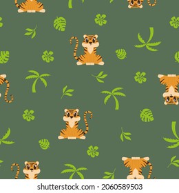 Patrón infantil sin costuras con cachorro de tigre y palmas en verde. Fondo vectorial colorido a la moda. Perfecto para prendas de vestir, tela, textil, decoración de vivero, papel envolvente