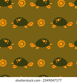 Childish seamless pattern with tortoise. Hand drawn funny turtle and sun repeat vector illustration. African seamless background with wildlife animal for kids, fabric, textile