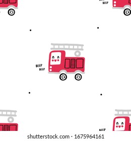 Childish seamless pattern with toy fire engine. Creative kids texture for fabric, wrapping, textile, wallpaper, apparel. Vector hand drawn illustration. 