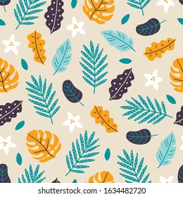 Childish seamless pattern with tropical flowers, palm and monstera leaves on beige background. Scandinavian style. Perfect for childish print, apparel, nursery. Vector Illustration