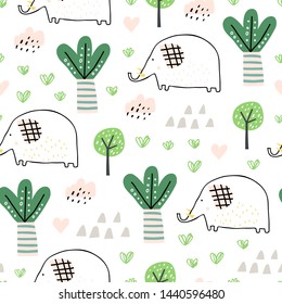Childish seamless pattern with tropical forest and elephant. Good for kids fabric, textile, nursery wallpaper. Seamless landscape. Scandinavian style