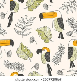 Childish seamless pattern with tropical forest leaves and bird vector illustration for kids or baby apparel,  textile, print, wrapping paper, kindergarten, nursery background and other