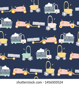 Childish seamless pattern with truck and tractor. Scandinavian kids print. Vector hand drawn illustration.