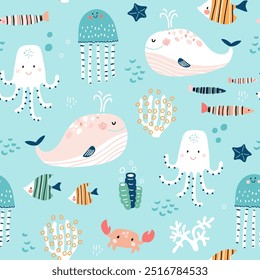 Childish seamless pattern with undersea animals. Marine cartoon creatures background for fabric, textile, digital papers. Vector illustration