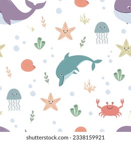 Childish seamless pattern with underwater life. Endless background with cute cartoon crabs,  starfishes, whales, dolphins, seashells, jellyfish, corals, seaweeds and bubbles.  Vector.