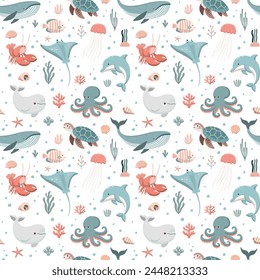 Childish seamless pattern with underwater life. Perfect for kids fabric, wallpaper, and wrapping paper. Isolated on white background