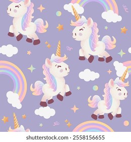 Childish seamless pattern with unicorn and stars