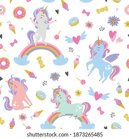 Childish seamless pattern with unicorns. Creative nursery background. Perfect for kids design, fabric, wrapping, wallpaper, textile, apparel