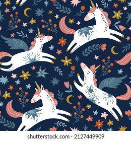 Childish seamless pattern with unicorns. Creative nursery background. Perfect for kids design, fabric, wrapping, wallpaper, textile, apparel