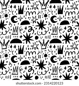Patrón infantil sin costuras con varios dibujos de doodle. Baños, coronas, chispas, círculos audaces y estrellas. Formas abstractas dibujadas con carbón vegetal y varias líneas. Fondo creativo con garabatos.
