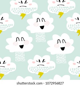 Childish seamless pattern. Vector childish background for fabric, textile, nursery wallpaper. Cute clouds with rain drops and lightning.