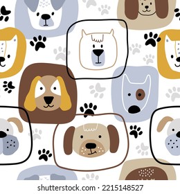 Childish seamless pattern, vector background. Trendy Scandinavian print with funny creative dog faces in frames. Perfect for kids apparel, nursery decoration, and wrapping paper. 