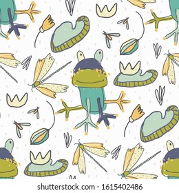 Childish seamless pattern vector illustration with hand drawn frog and dragonfly. Trendy scandinavian vector background. Vector texture for fabric and textile, wallpapers, backgrounds, print.