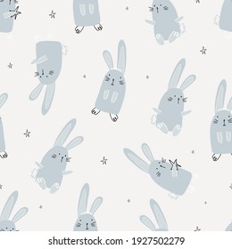 Childish seamless pattern vector illustration with rabbits. Backdrop with bunnies for kids apparel, fabric, nursery decoration, wrapping paper, and print.