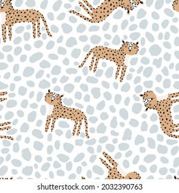 Childish seamless pattern vector illustration with leopards with blue spots on white background. Wild animals pattern with big cat for fabric, nursery room decoration, wrapping paper.