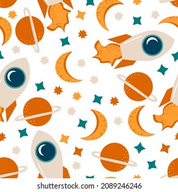 Childish seamless pattern, vector. Space theme for kids. Astronomy texture with rockets, stars and planets