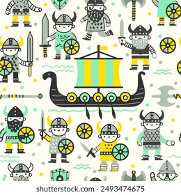 Childish seamless pattern with vikings. Trendy scandinavian vector background. Perfect for kids apparel,fabric, textile, nursery decoration,wrapping paper