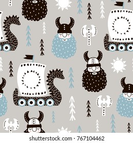 Childish seamless pattern with vikings. Trendy scandinavian vector background. Perfect for kids apparel,fabric, textile, nursery decoration,wrapping paper