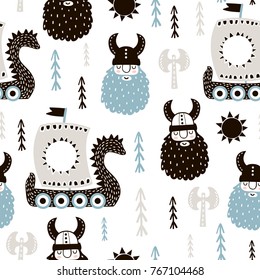 Childish seamless pattern with vikings. Trendy scandinavian vector background. Perfect for kids apparel,fabric, textile, nursery decoration,wrapping paper