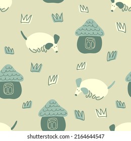 Childish seamless pattern with walking puppies and houses. Perfect for T-shirt, fabric, textile and print. Hand drawn babyish vector illustration for decor and design.


