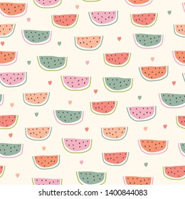 Childish seamless pattern with watermelon in scandinavian style. Hand draw summer illustration. Use for textile, print, surface design, fashion kids wear