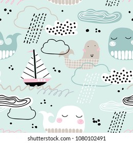 Childish seamless pattern with whale, boat, clouds and waves. Scandinavian style. Summer marina background. Perfect for fabric, textile. Vector background. Pastel colors