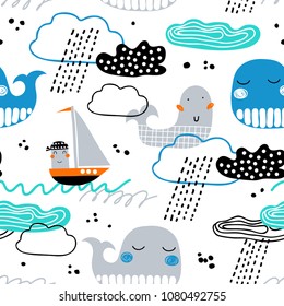 Childish seamless pattern with whale, boat, clouds and waves. Scandinavian style. Summer marina background. Perfect for fabric, textile. Vector background.