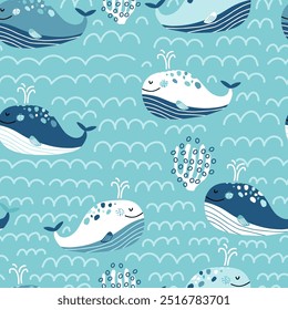 Childish seamless pattern with whales. Marine cartoon fish background for fabric, textile, digital papers. Vector illustration