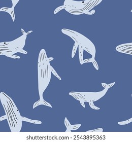 childish seamless pattern with whales in scandinavian style. Ocean animals. Pattern for kids with whales.