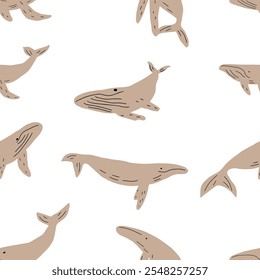 childish seamless pattern with whales in scandinavian style. Ocean animals. Pattern for kids with whales.